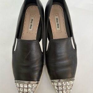 Miu Miu Crystal-Toe Black Leather Loafers